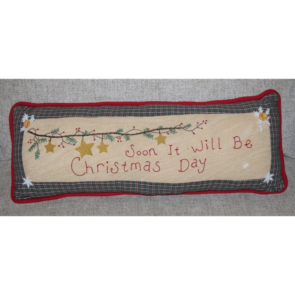 decorative embroidered Christmas pillow folk art plaid rectangular 21" x 7.5"